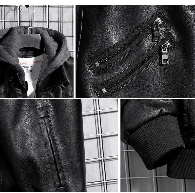 Hooded Leather Jacket Men's Jacket Winter PU Leather Coat Teenage Jackets Men's Motorcycle Leather Coat
