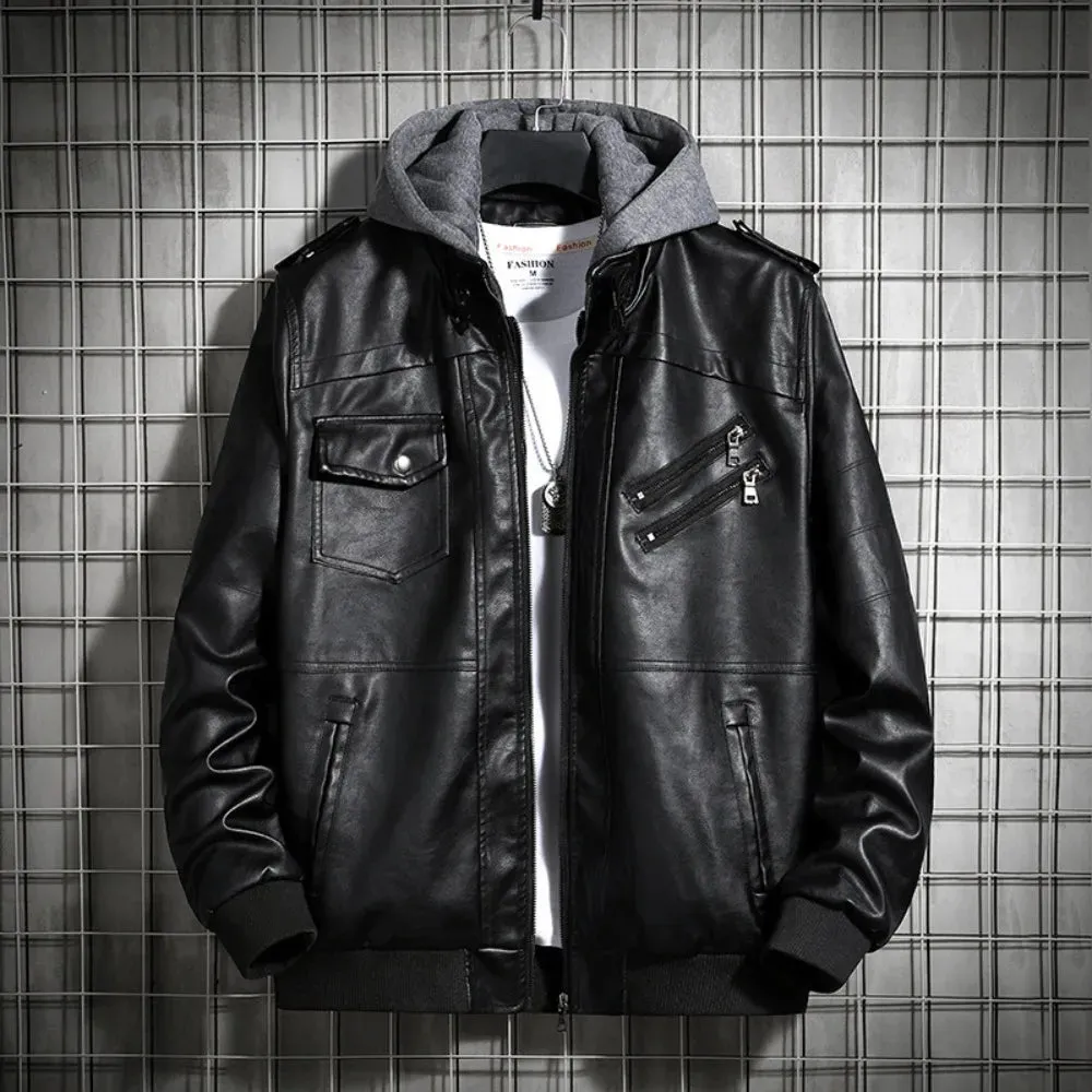 Hooded Leather Jacket Men's Jacket Winter PU Leather Coat Teenage Jackets Men's Motorcycle Leather Coat