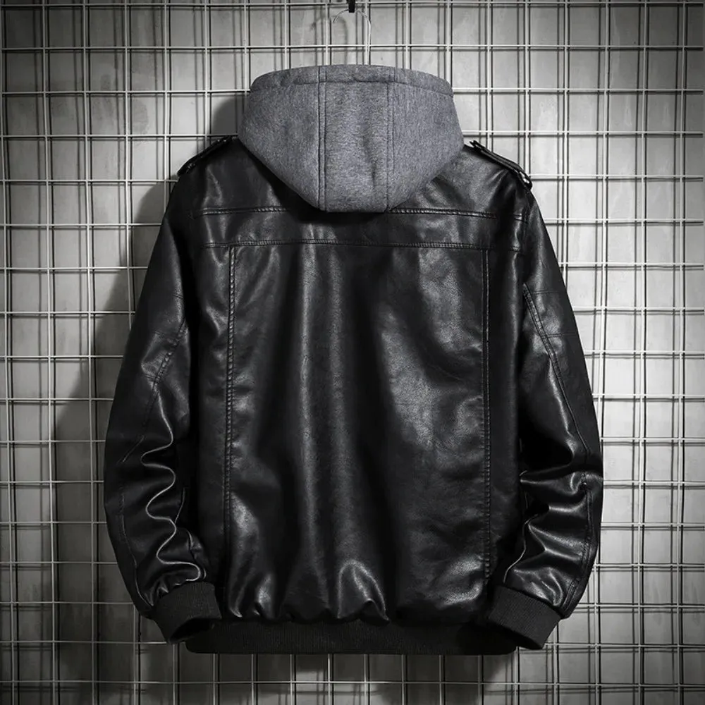 Hooded Leather Jacket Men's Jacket Winter PU Leather Coat Teenage Jackets Men's Motorcycle Leather Coat