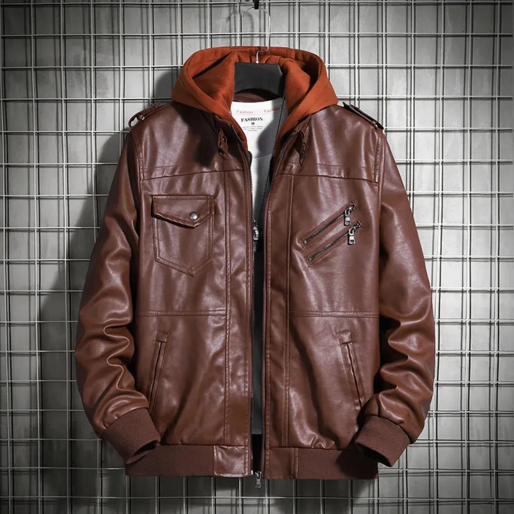 Hooded Leather Jacket Men's Jacket Winter PU Leather Coat Teenage Jackets Men's Motorcycle Leather Coat
