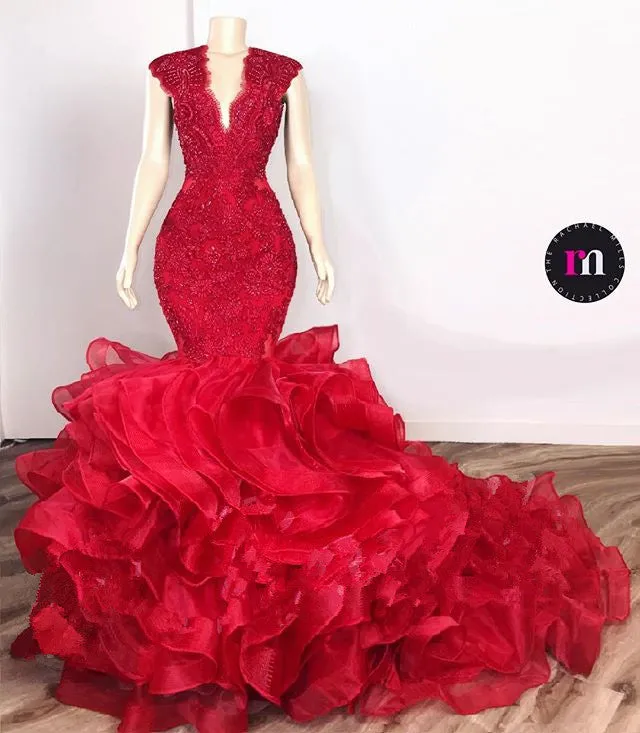 kamahe Gorgeous Beads Appliques Red Prom Dresses Ruffles Fit and Flare Alluring Evening Gowns