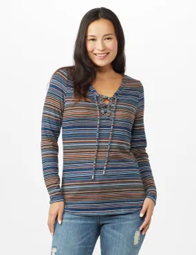 Lace Up V Neck Multi Stripe