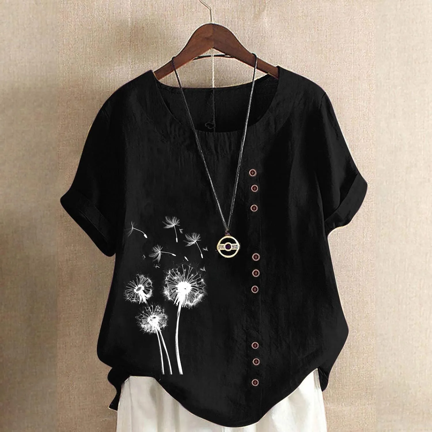 Ladies Blouses Summer Linen Shirts Plus Size Tops for Women Cute Dandelion Graphic Tees Casual Round Neck Pullover