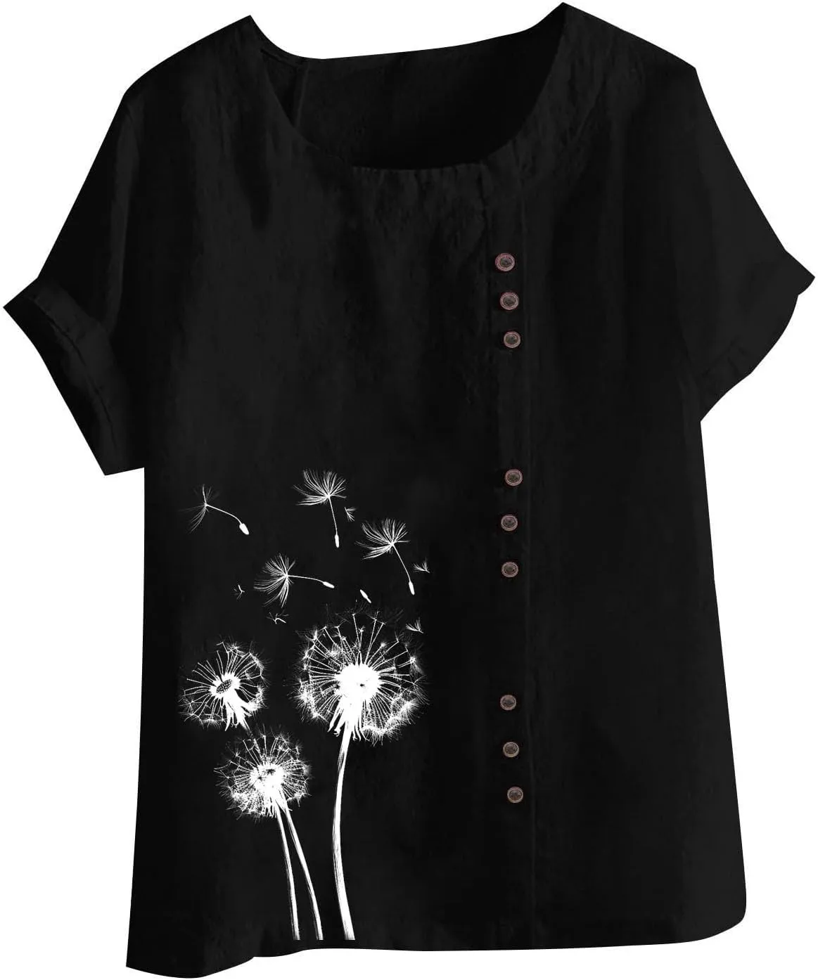 Ladies Blouses Summer Linen Shirts Plus Size Tops for Women Cute Dandelion Graphic Tees Casual Round Neck Pullover
