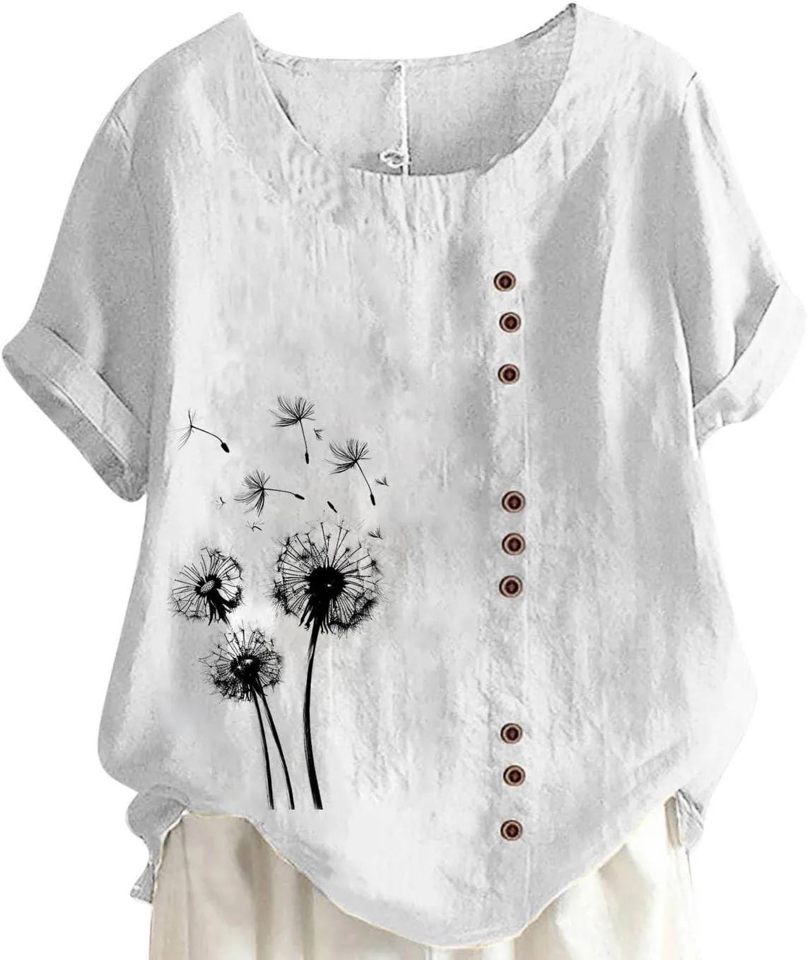 Ladies Blouses Summer Linen Shirts Plus Size Tops for Women Cute Dandelion Graphic Tees Casual Round Neck Pullover