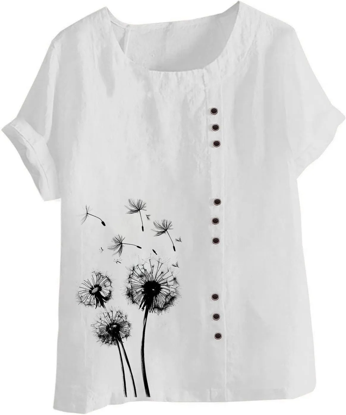 Ladies Blouses Summer Linen Shirts Plus Size Tops for Women Cute Dandelion Graphic Tees Casual Round Neck Pullover