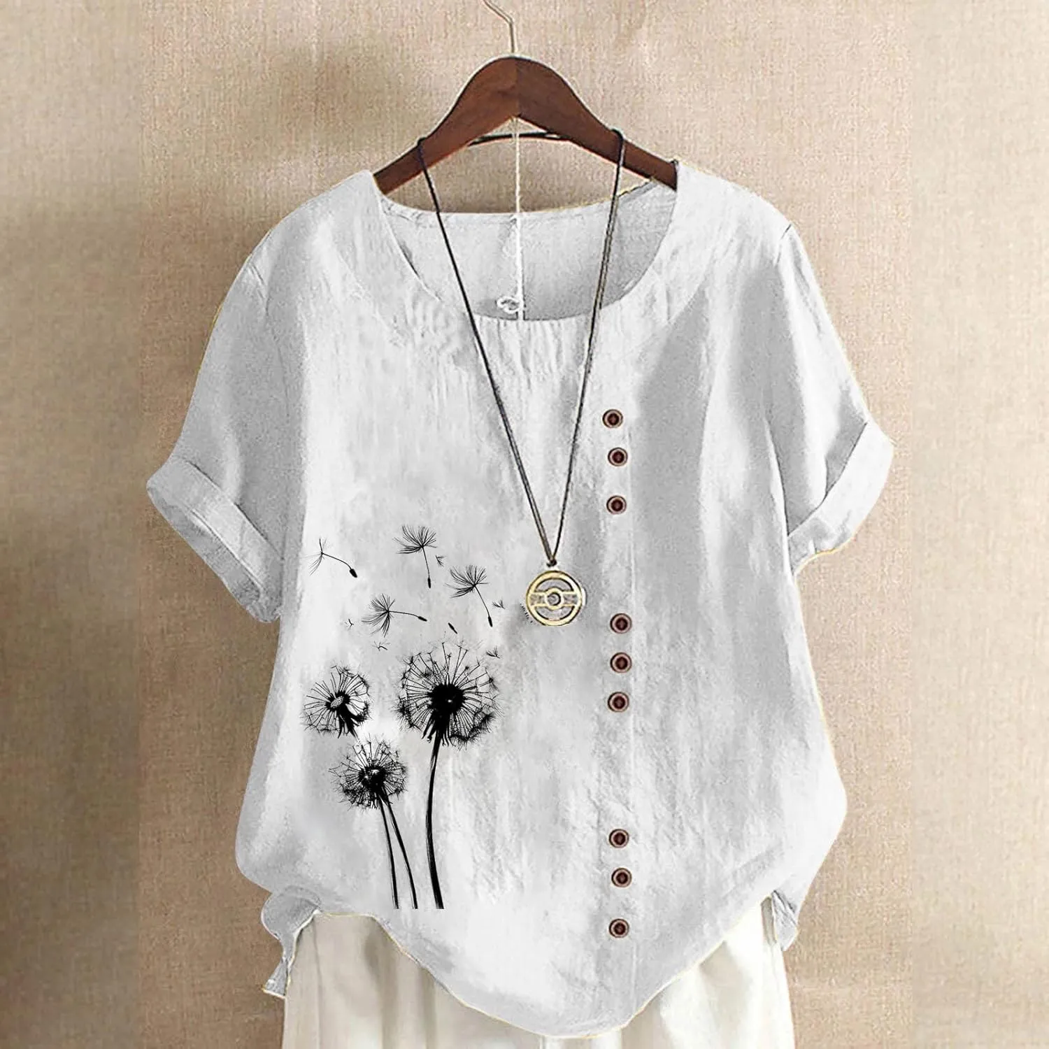 Ladies Blouses Summer Linen Shirts Plus Size Tops for Women Cute Dandelion Graphic Tees Casual Round Neck Pullover