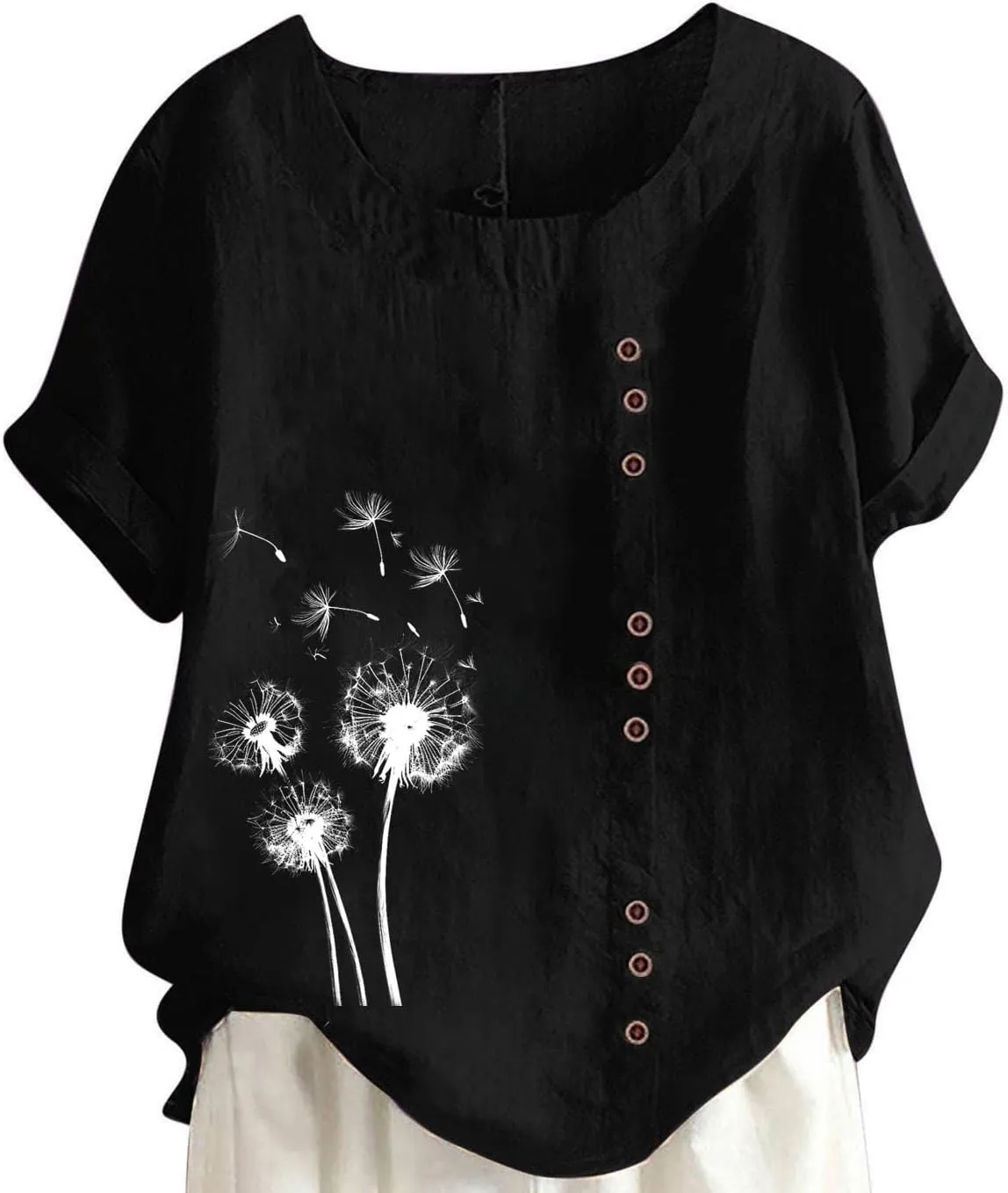 Ladies Blouses Summer Linen Shirts Plus Size Tops for Women Cute Dandelion Graphic Tees Casual Round Neck Pullover