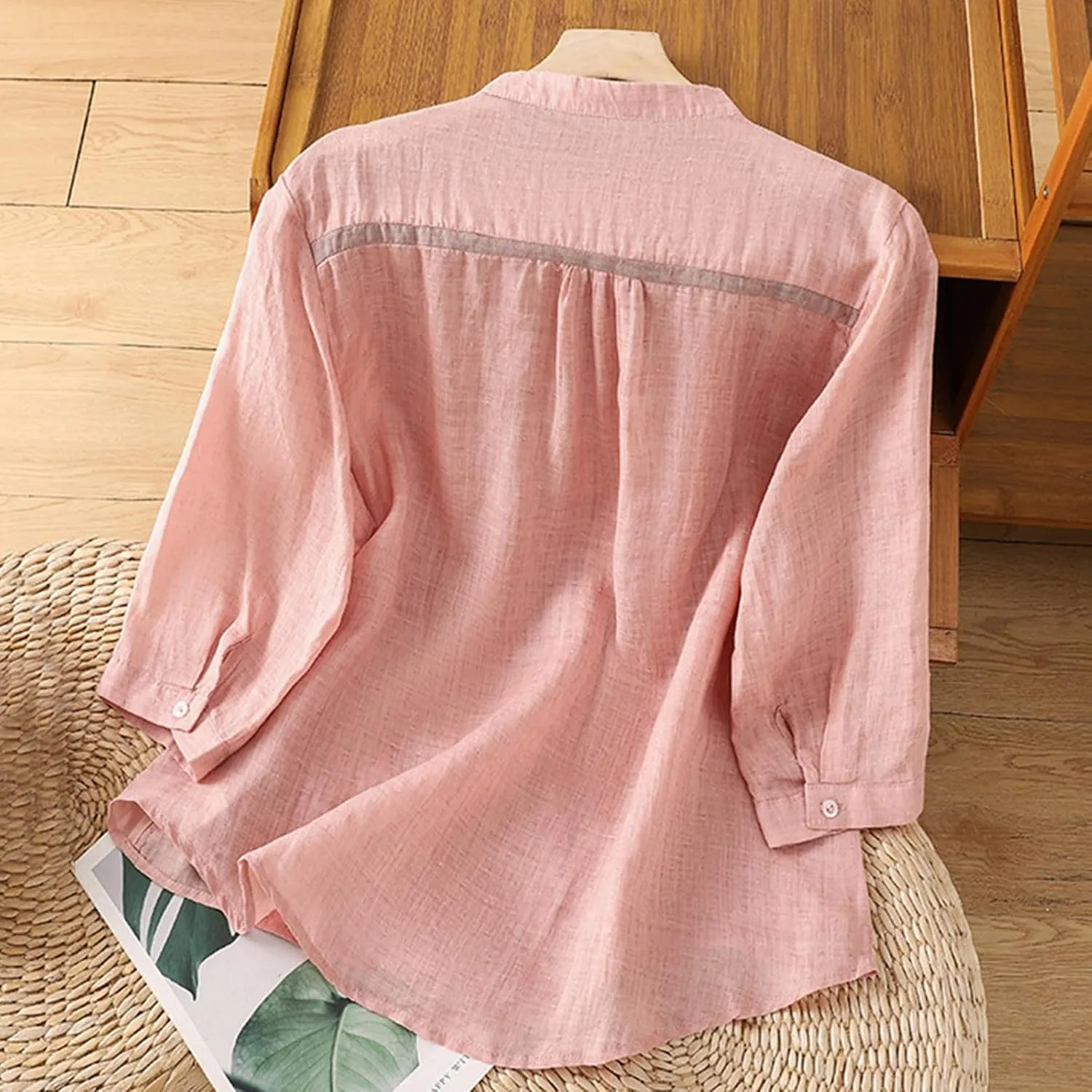 Linen Cotton Flowy Tops for Women Vintage Casual Shirt Dressy Button Up Blouse Cool 3/4 Sleeve Work Tees Summer