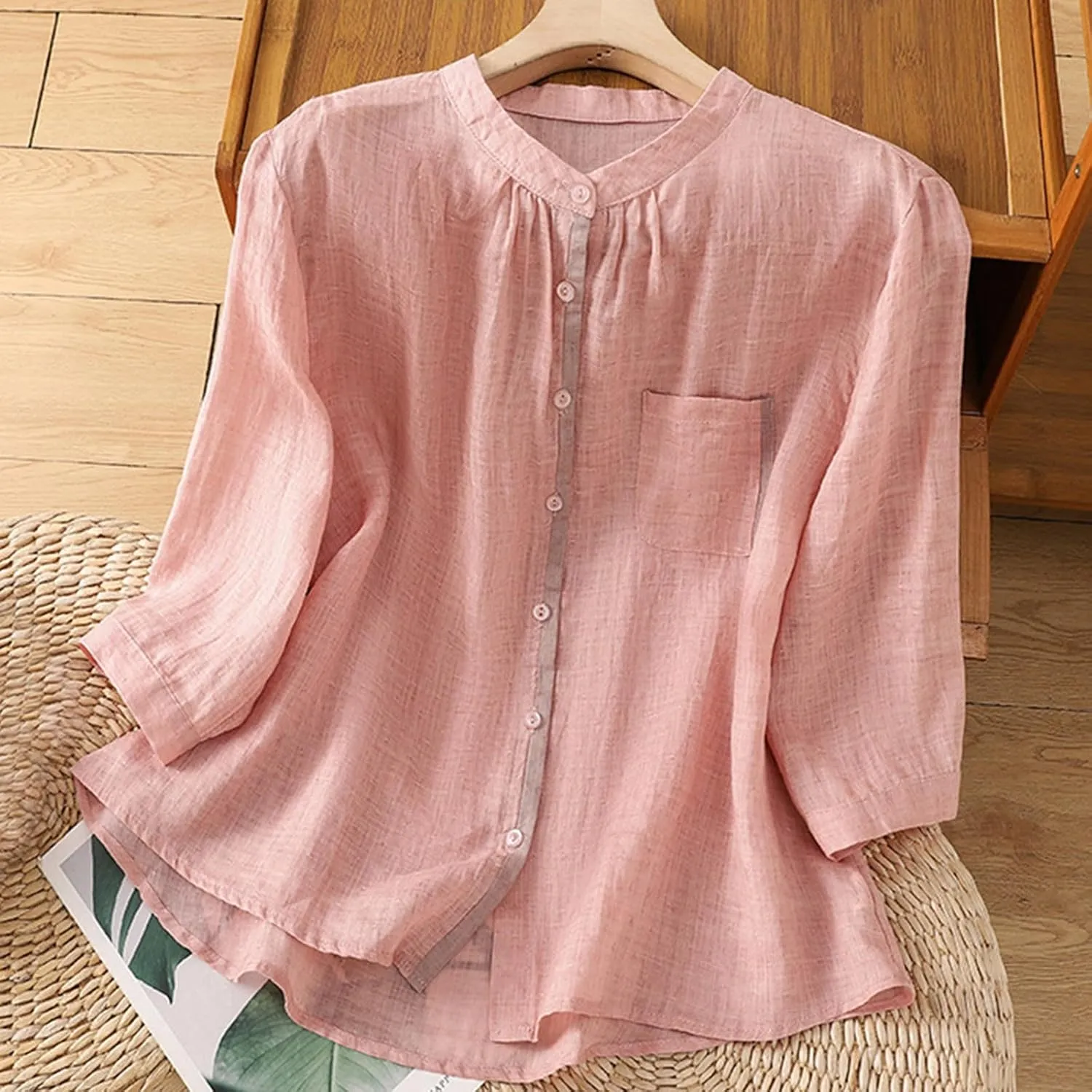 Linen Cotton Flowy Tops for Women Vintage Casual Shirt Dressy Button Up Blouse Cool 3/4 Sleeve Work Tees Summer
