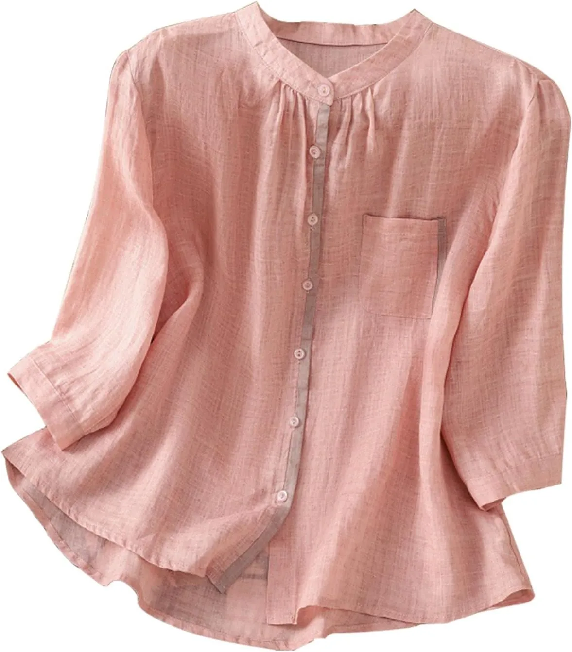 Linen Cotton Flowy Tops for Women Vintage Casual Shirt Dressy Button Up Blouse Cool 3/4 Sleeve Work Tees Summer