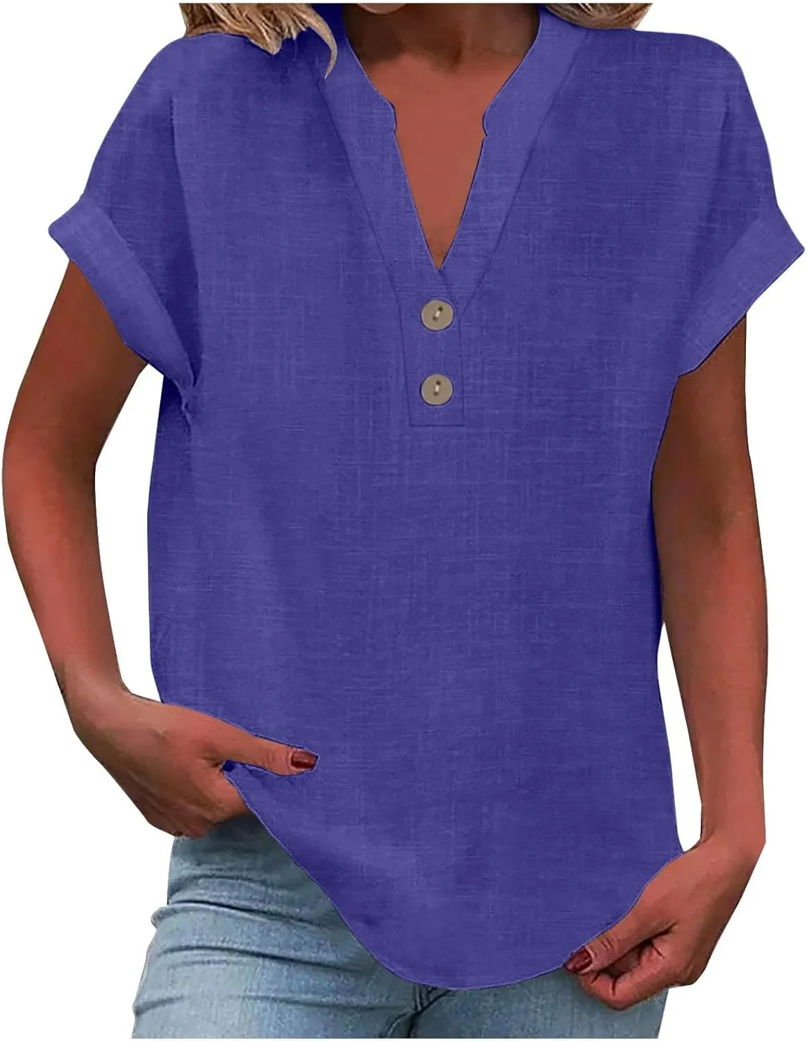 Linen Top for Women Plus Size Button Down Shirts Rolled Short Sleeve Blouse Cotton V Neck T Shirt Summer Travel Tees