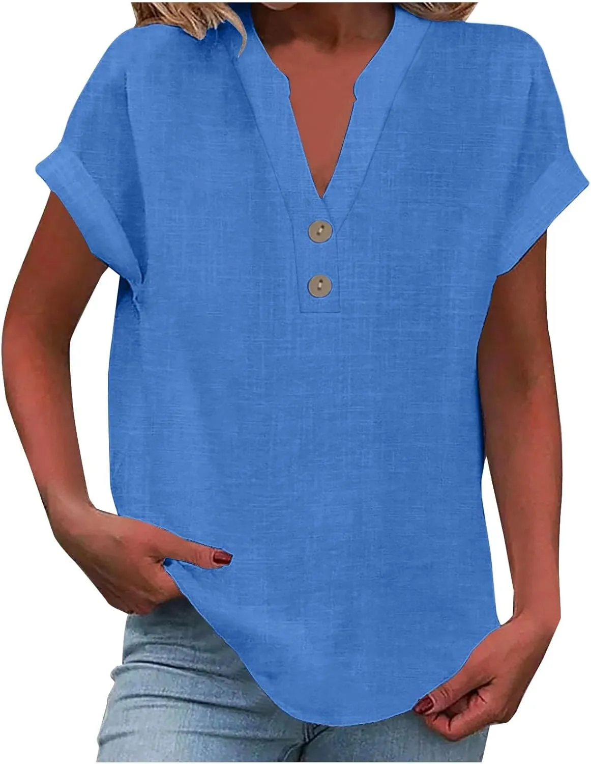 Linen Top for Women Plus Size Button Down Shirts Rolled Short Sleeve Blouse Cotton V Neck T Shirt Summer Travel Tees