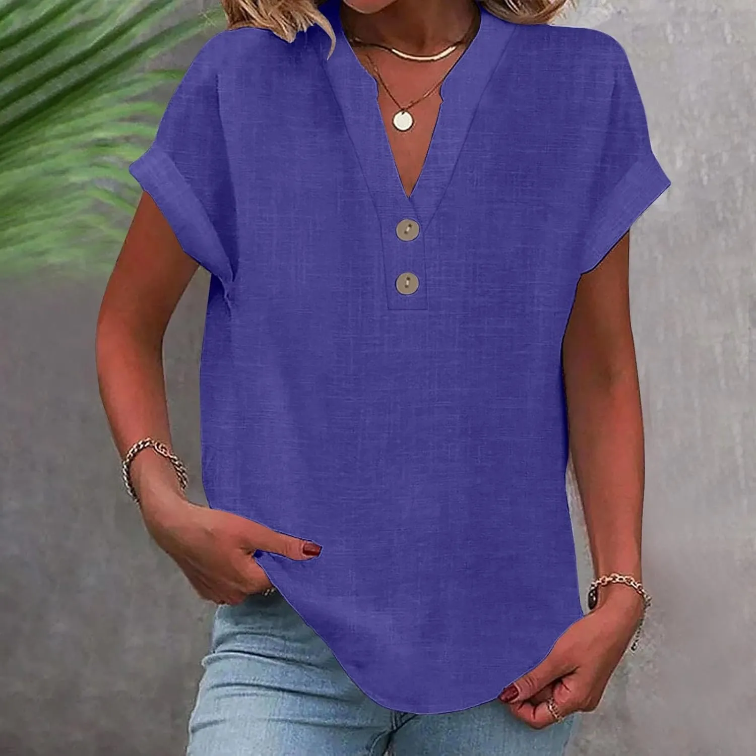 Linen Top for Women Plus Size Button Down Shirts Rolled Short Sleeve Blouse Cotton V Neck T Shirt Summer Travel Tees