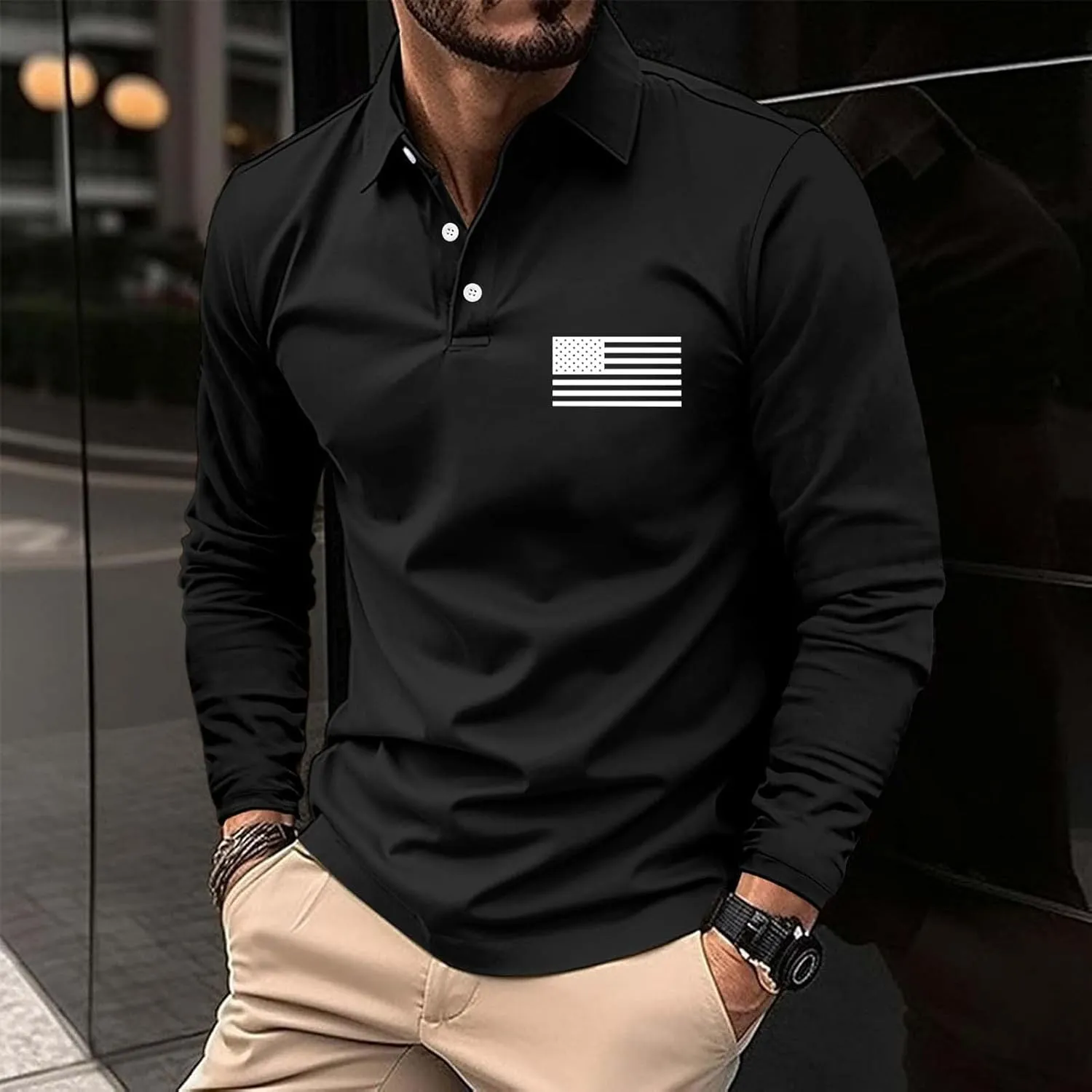 Long Sleeve Polo Shirts for Men Fashion America Flag Graphic Golf T Shirts Oversized Classic Work Office Pullover Top