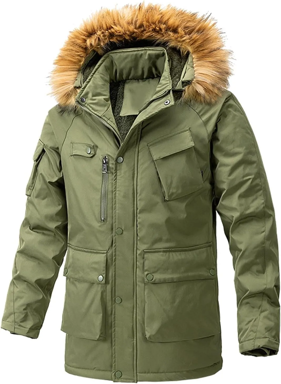 Men's Winter Jacket with Hood Sherpa Lined Full Zip Thermal Jackets Plus Size Windproof Padded Loose Outdoor Coat with Pocket