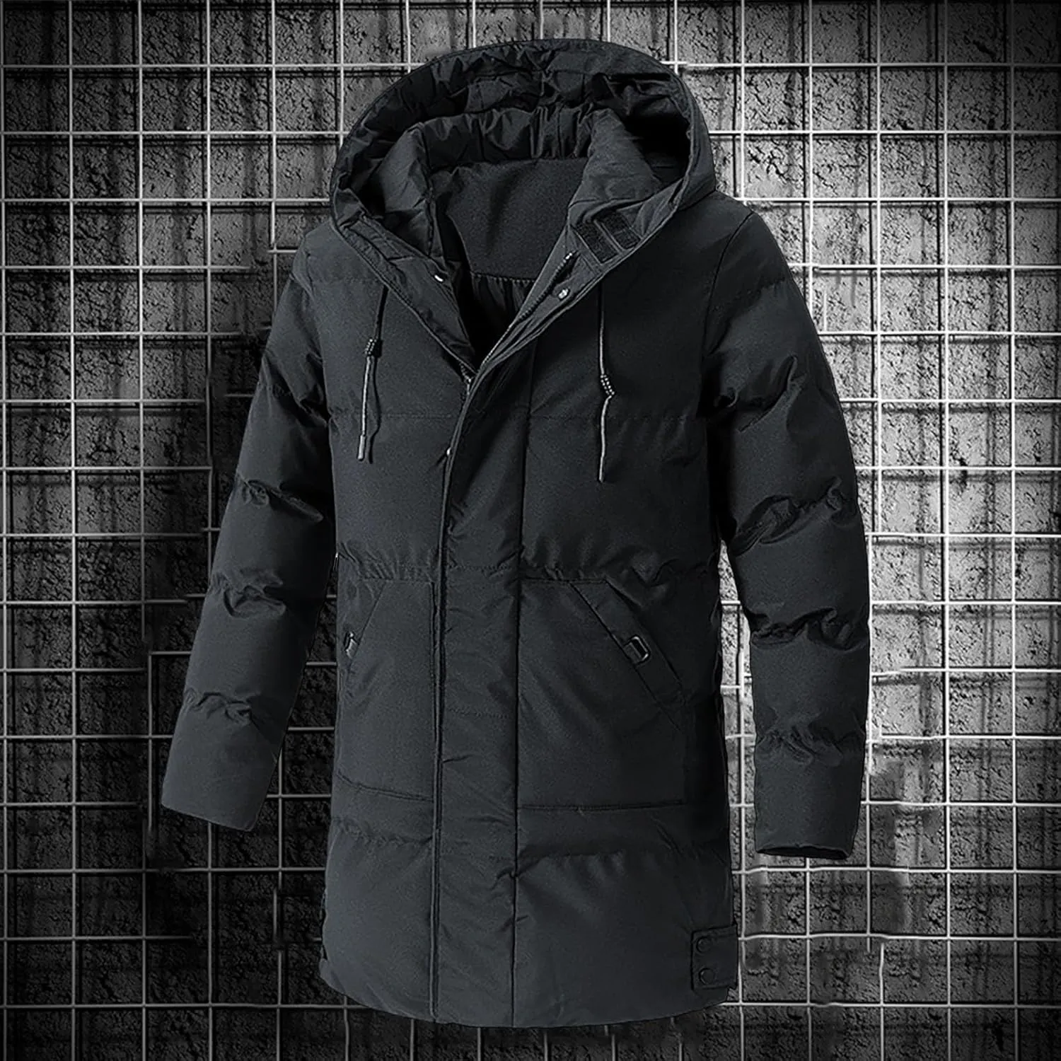 Mens Winter Jackets with Hood Full Zip Windproof Warm Padded Puffer Jacket Plus Size Lightweight Mid-Length Loose Down Coats