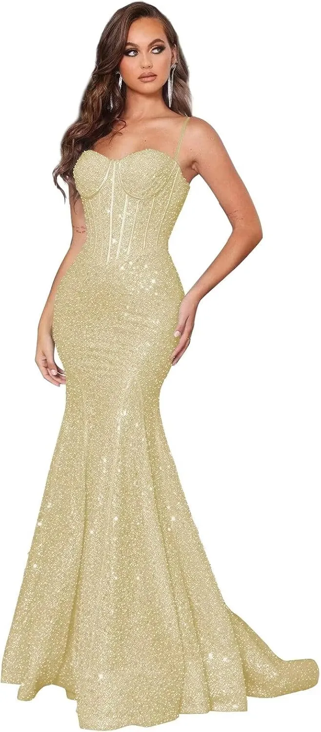 Mermaid Prom Dresses for Women 2025 Sparkly Sequin Long Spaghetti Straps Formal Evening Party Gowns