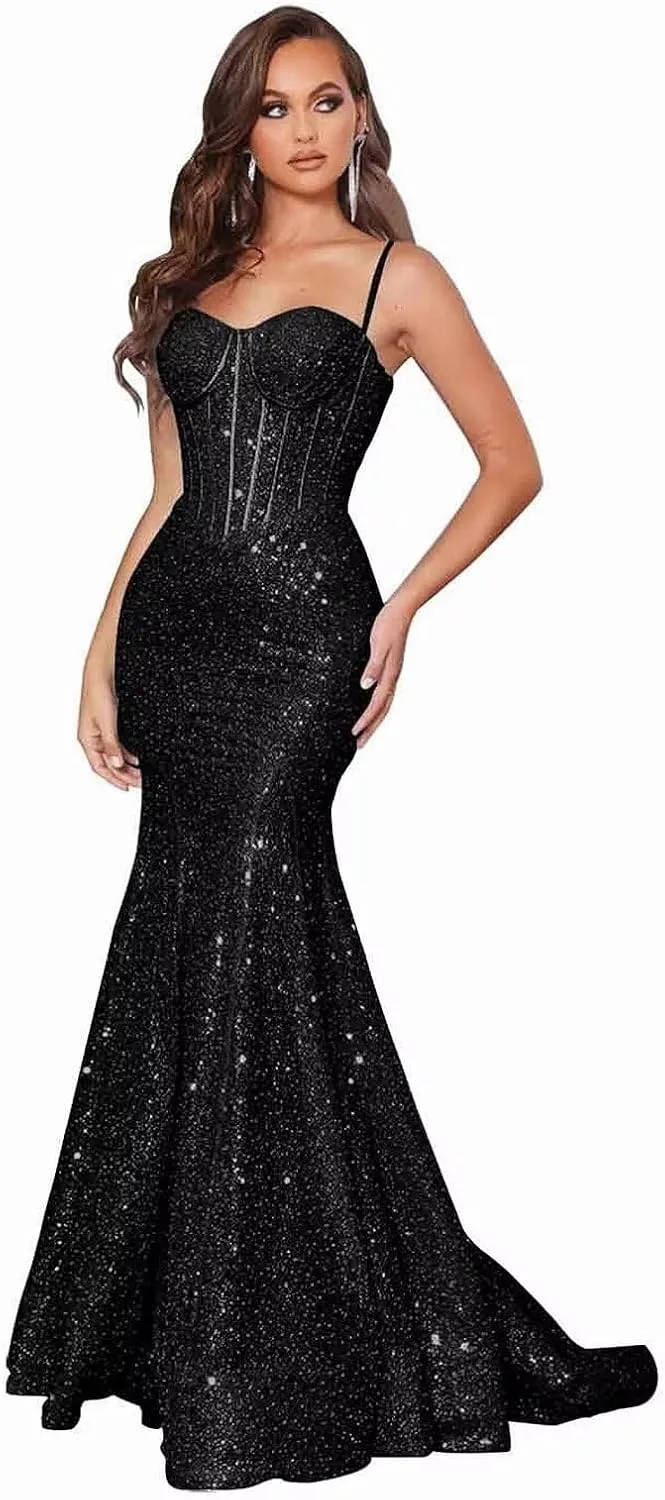 Mermaid Prom Dresses for Women 2025 Sparkly Sequin Long Spaghetti Straps Formal Evening Party Gowns