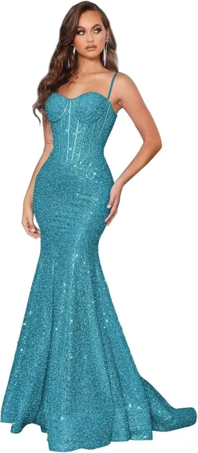 Mermaid Prom Dresses for Women 2025 Sparkly Sequin Long Spaghetti Straps Formal Evening Party Gowns