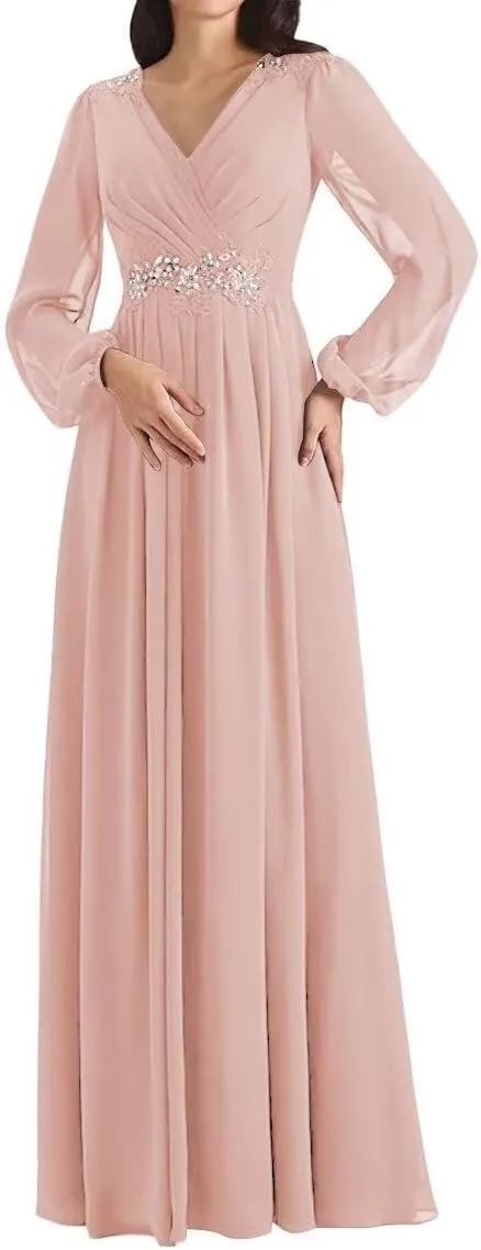 Mother of The Bride Dresses Beading V Neck Long Sleeve Formal Evening Gown Long Chiffon