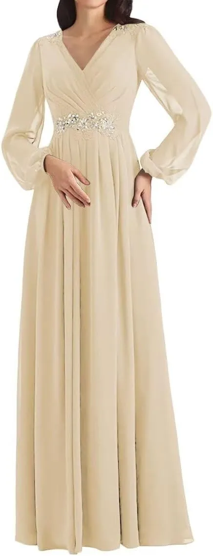 Mother of The Bride Dresses Beading V Neck Long Sleeve Formal Evening Gown Long Chiffon