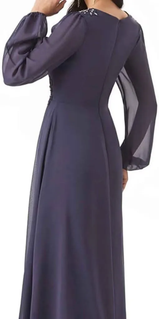 Mother of The Bride Dresses Beading V Neck Long Sleeve Formal Evening Gown Long Chiffon
