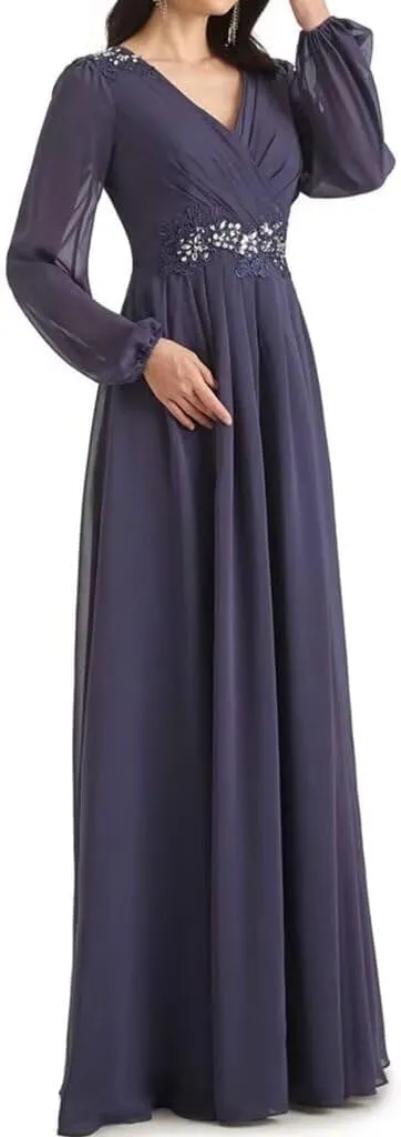 Mother of The Bride Dresses Beading V Neck Long Sleeve Formal Evening Gown Long Chiffon