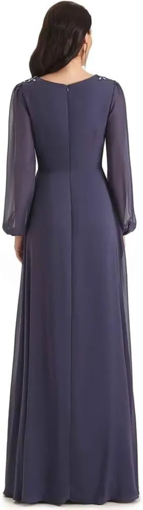 Mother of The Bride Dresses Beading V Neck Long Sleeve Formal Evening Gown Long Chiffon