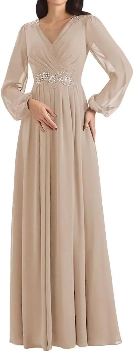 Mother of The Bride Dresses Beading V Neck Long Sleeve Formal Evening Gown Long Chiffon