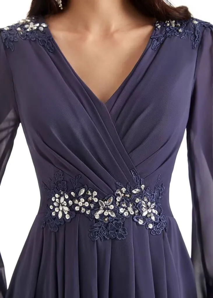 Mother of The Bride Dresses Beading V Neck Long Sleeve Formal Evening Gown Long Chiffon
