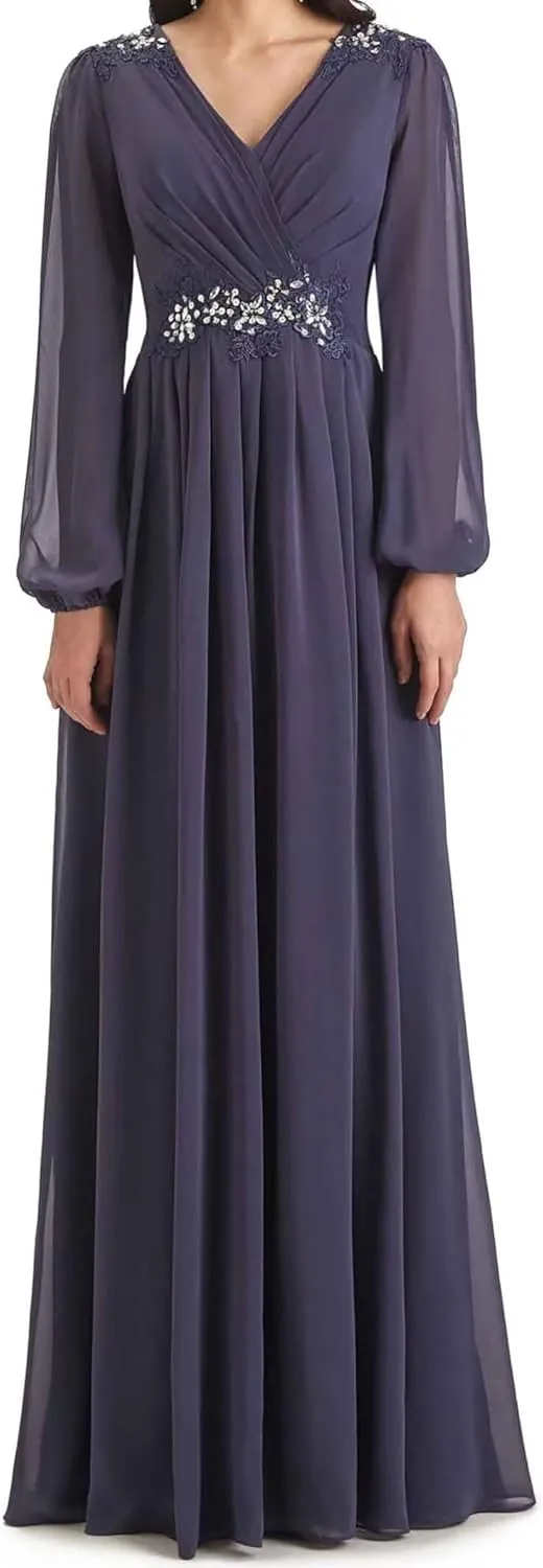 Mother of The Bride Dresses Beading V Neck Long Sleeve Formal Evening Gown Long Chiffon