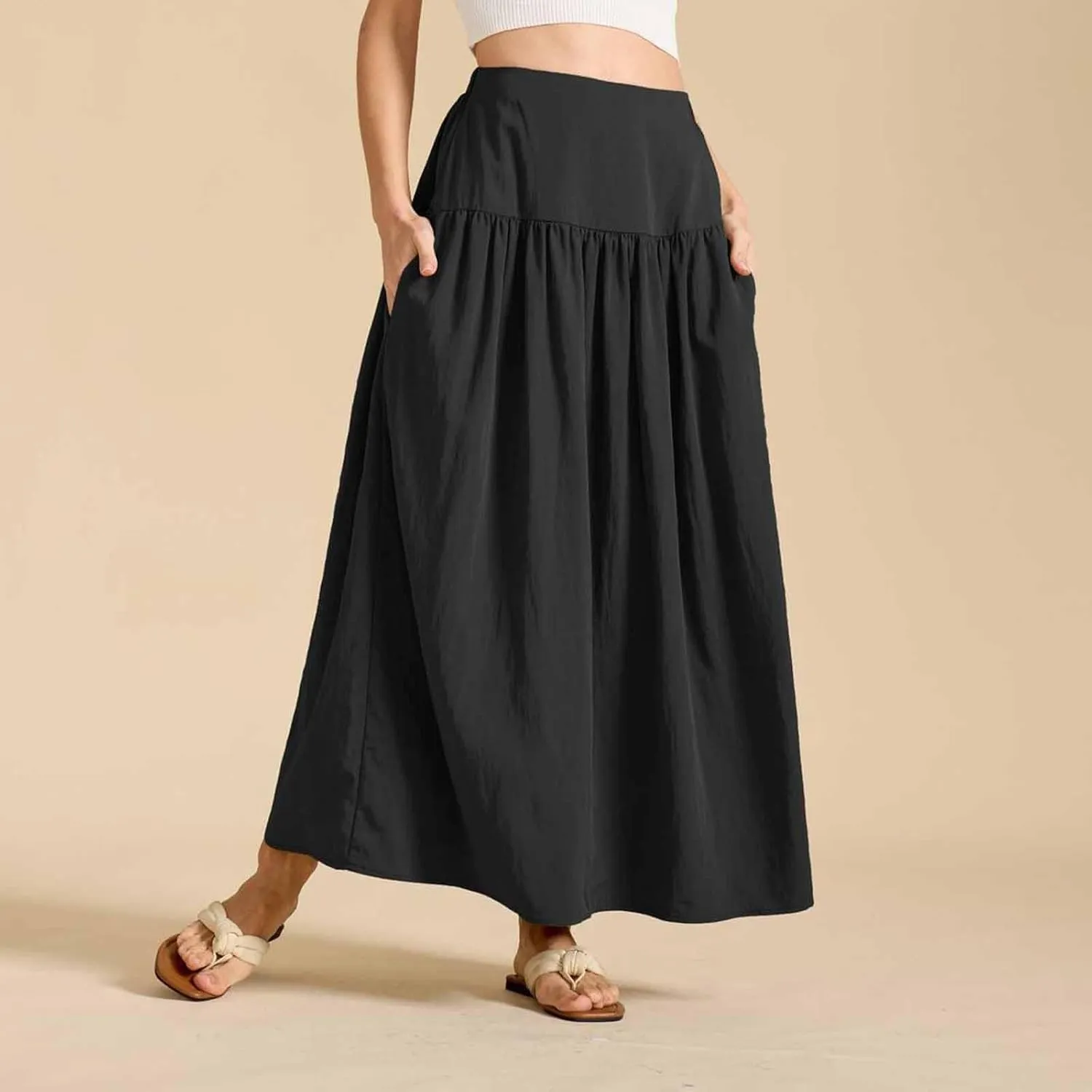 Oplxuo Maxi Skirts for Women Elastic High Waisted Tiered Long Skirt Solid Color Summer Vacation Casual Flowy Skirts