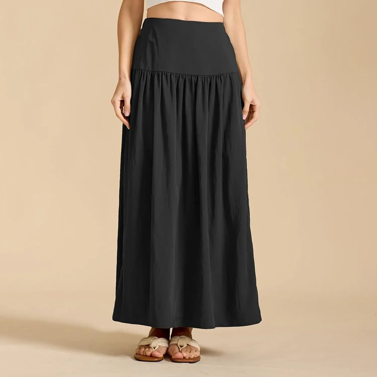 Oplxuo Maxi Skirts for Women Elastic High Waisted Tiered Long Skirt Solid Color Summer Vacation Casual Flowy Skirts