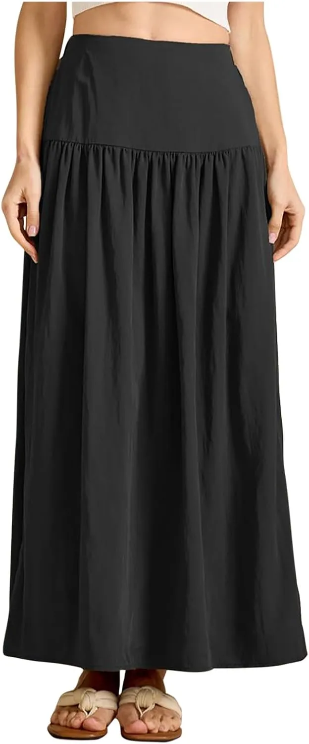 Oplxuo Maxi Skirts for Women Elastic High Waisted Tiered Long Skirt Solid Color Summer Vacation Casual Flowy Skirts