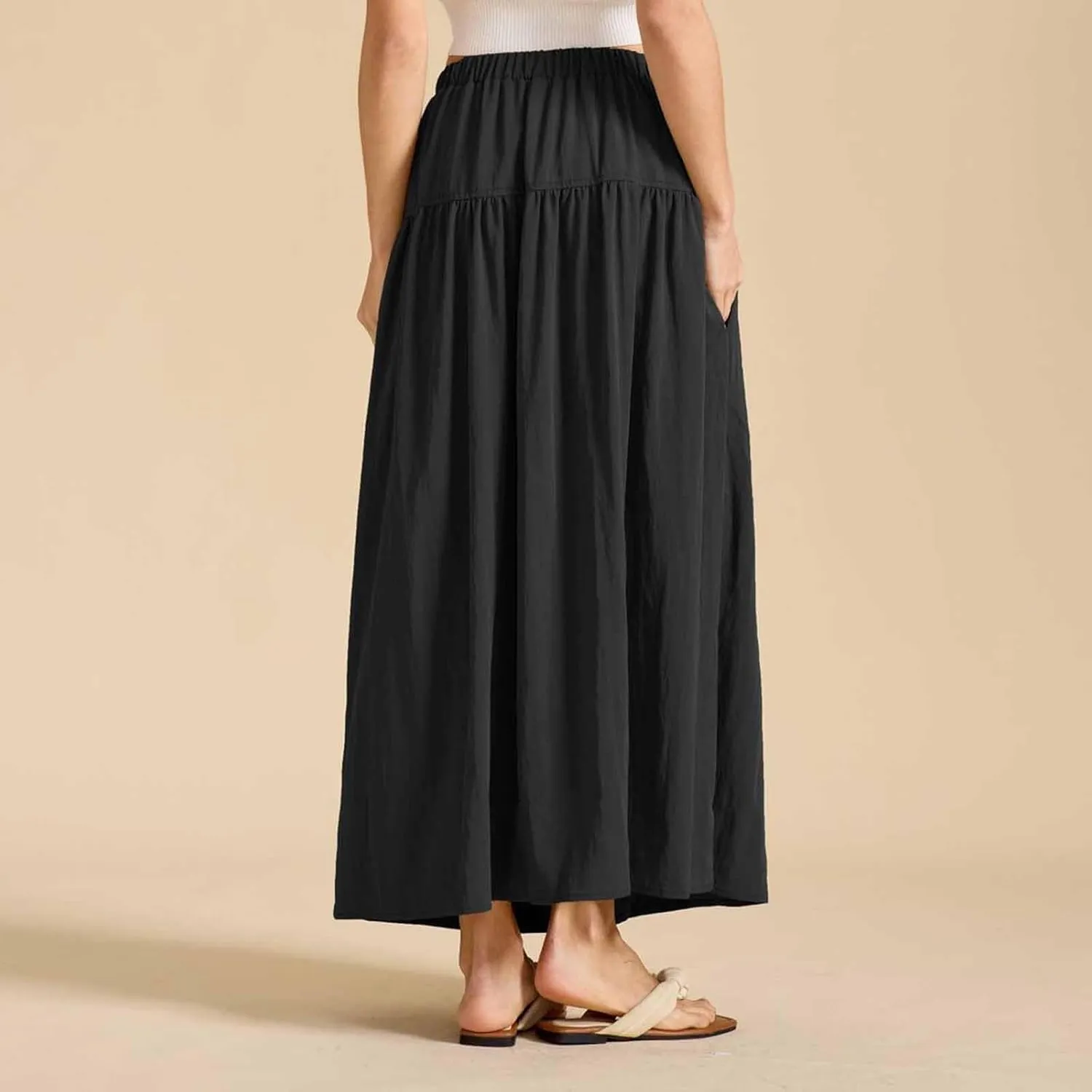 Oplxuo Maxi Skirts for Women Elastic High Waisted Tiered Long Skirt Solid Color Summer Vacation Casual Flowy Skirts