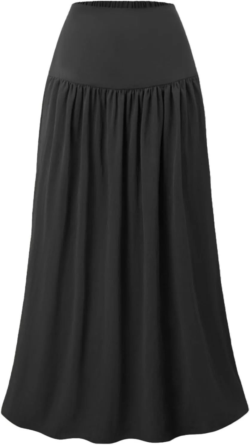 Oplxuo Maxi Skirts for Women Elastic High Waisted Tiered Long Skirt Solid Color Summer Vacation Casual Flowy Skirts