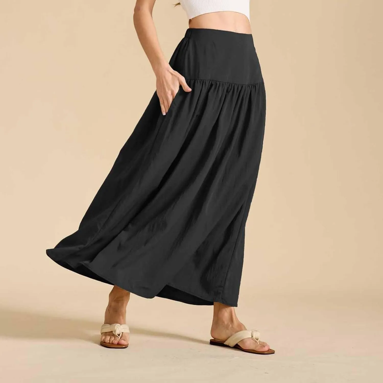Oplxuo Maxi Skirts for Women Elastic High Waisted Tiered Long Skirt Solid Color Summer Vacation Casual Flowy Skirts