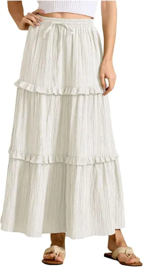 Oplxuo Maxi Skirts for Women High Waisted Elastic Drawstring Tiered Ruffle Maxi Skirt Solid Summer Vacation Casual Skirts