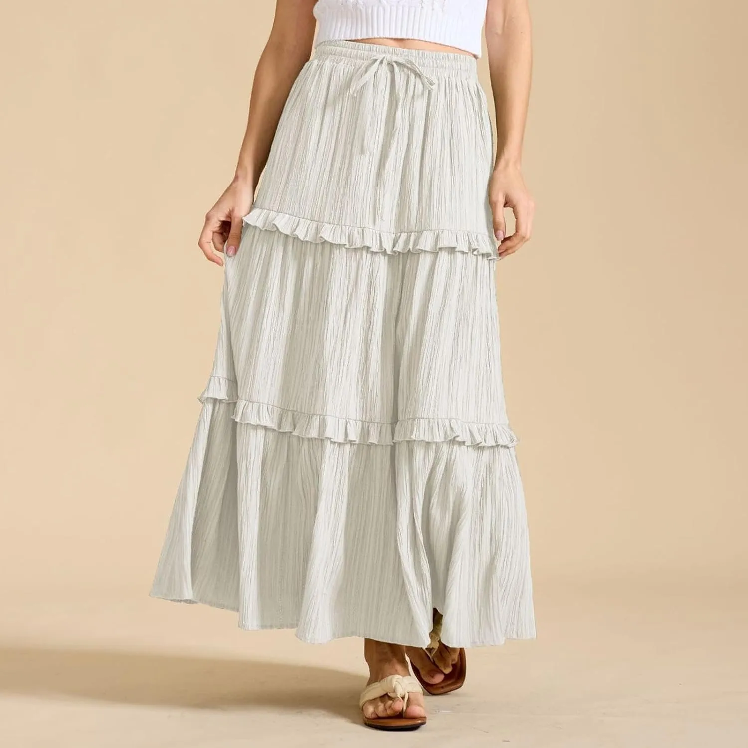 Oplxuo Maxi Skirts for Women High Waisted Elastic Drawstring Tiered Ruffle Maxi Skirt Solid Summer Vacation Casual Skirts