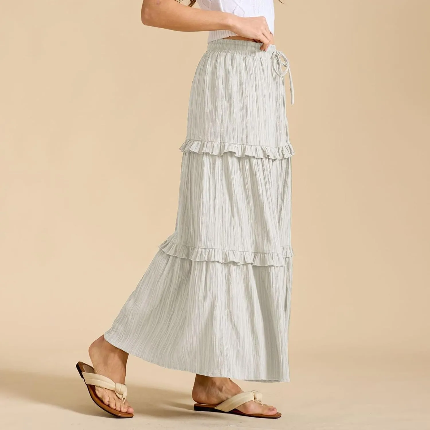 Oplxuo Maxi Skirts for Women High Waisted Elastic Drawstring Tiered Ruffle Maxi Skirt Solid Summer Vacation Casual Skirts