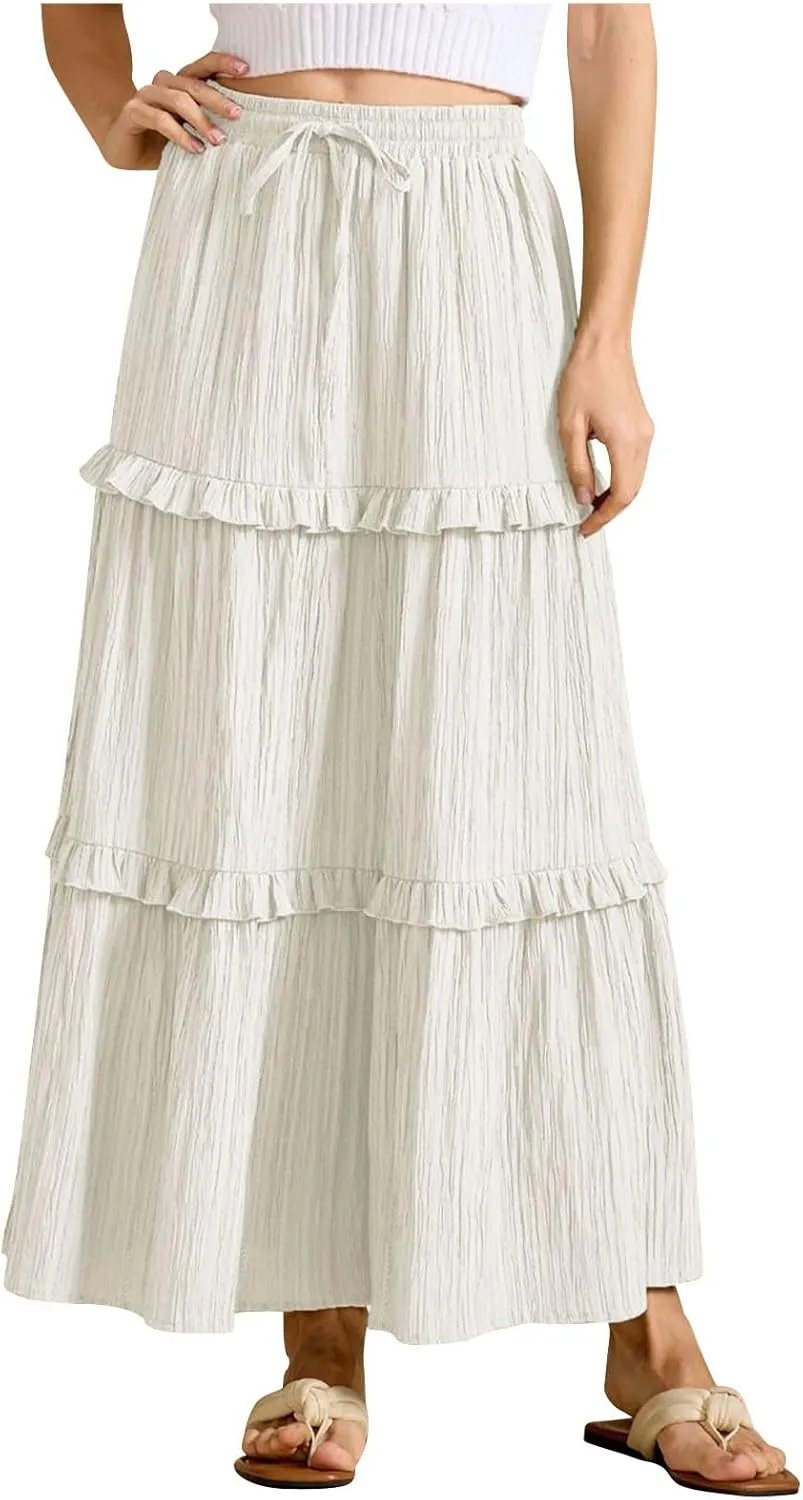 Oplxuo Maxi Skirts for Women High Waisted Elastic Drawstring Tiered Ruffle Maxi Skirt Solid Summer Vacation Casual Skirts
