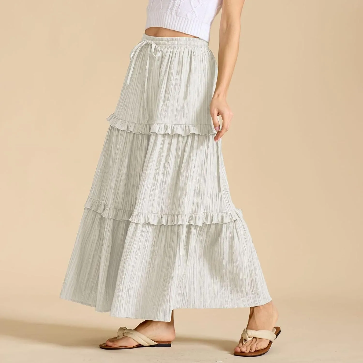 Oplxuo Maxi Skirts for Women High Waisted Elastic Drawstring Tiered Ruffle Maxi Skirt Solid Summer Vacation Casual Skirts