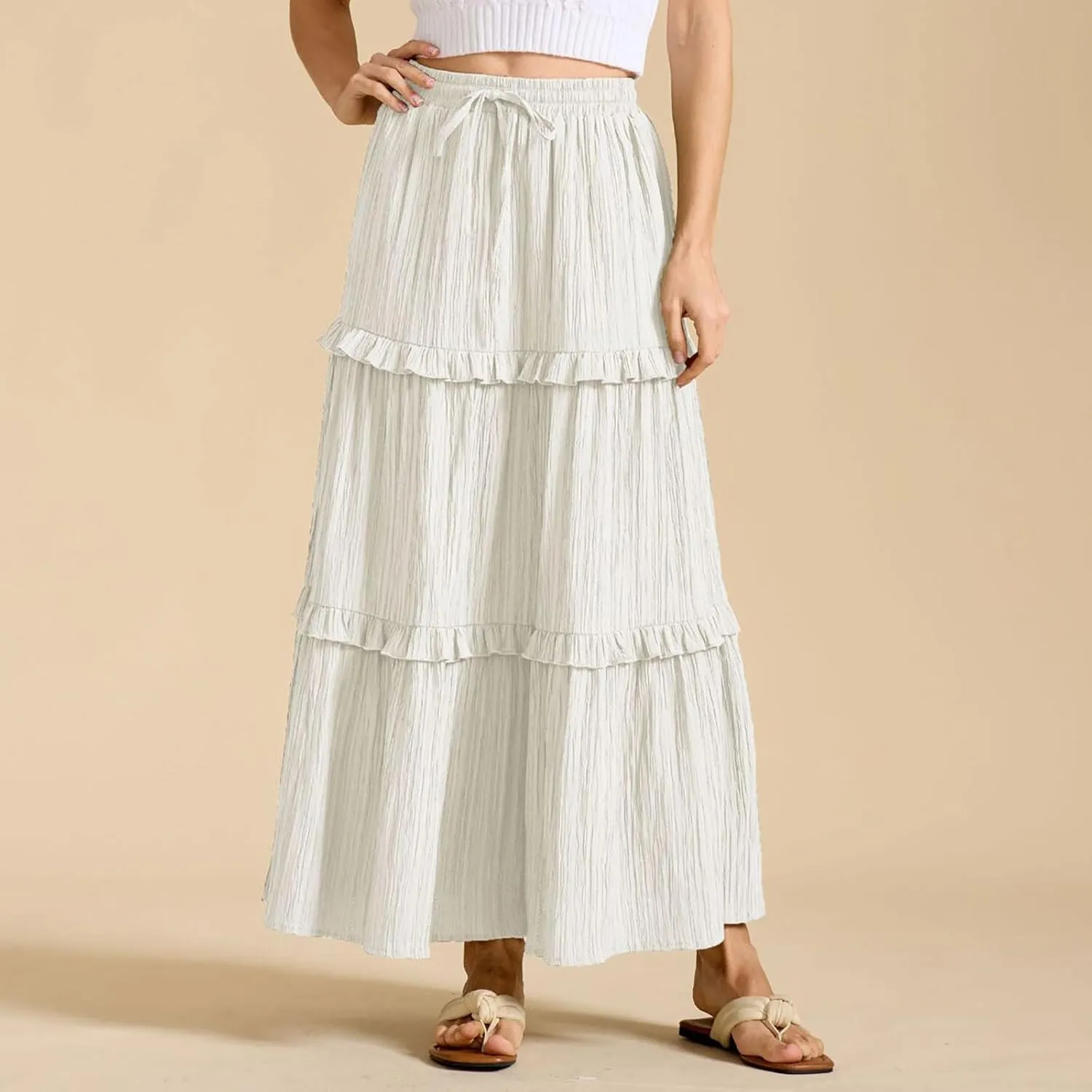 Oplxuo Maxi Skirts for Women High Waisted Elastic Drawstring Tiered Ruffle Maxi Skirt Solid Summer Vacation Casual Skirts