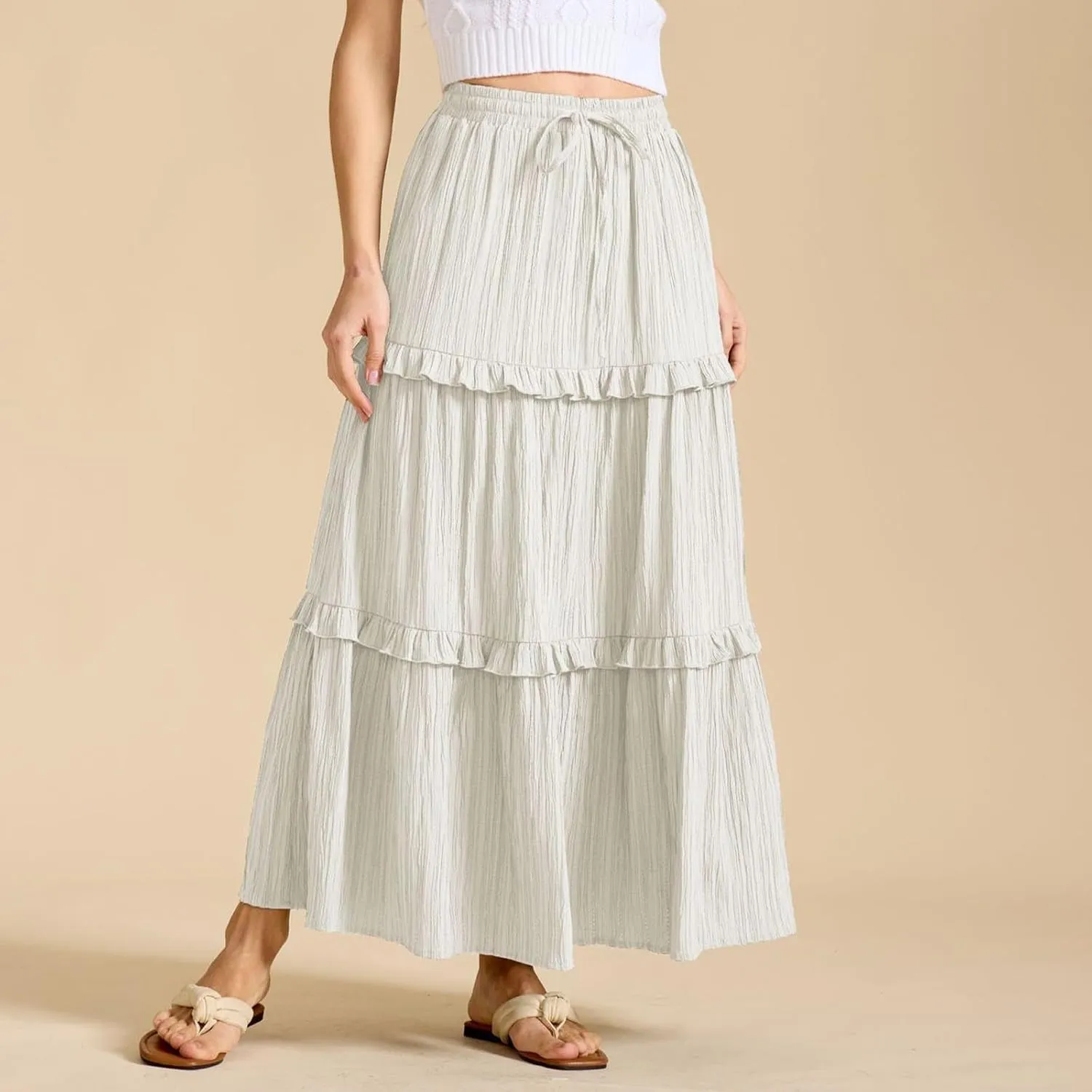 Oplxuo Maxi Skirts for Women High Waisted Elastic Drawstring Tiered Ruffle Maxi Skirt Solid Summer Vacation Casual Skirts