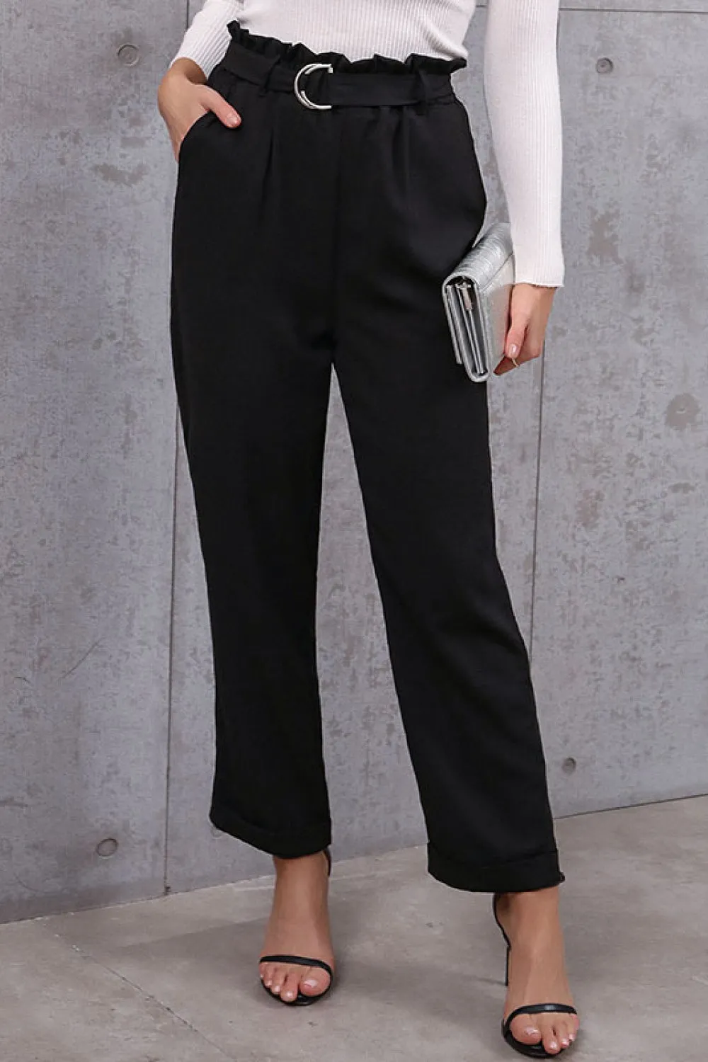 Perfee Belted Paperbag Waist Pants