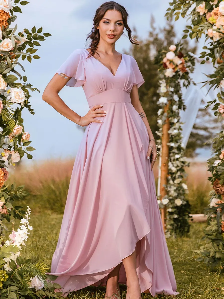 Pink Chiffon Bridesmaid Dresses Petite Garden V Neck