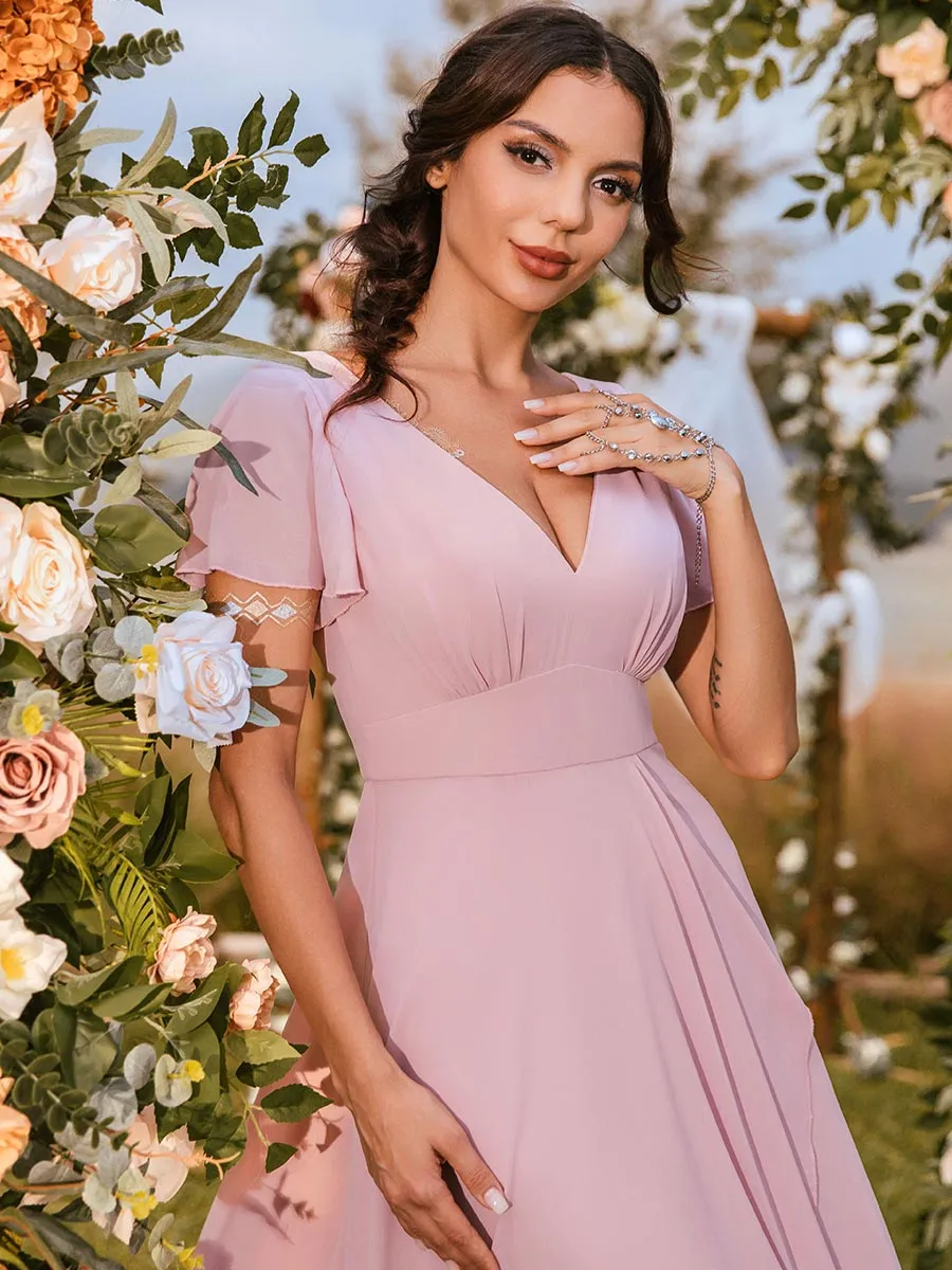 Pink Chiffon Bridesmaid Dresses Petite Garden V Neck