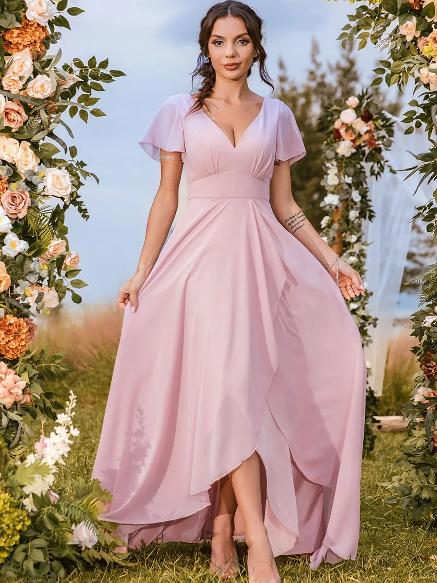 Pink Chiffon Bridesmaid Dresses Petite Garden V Neck