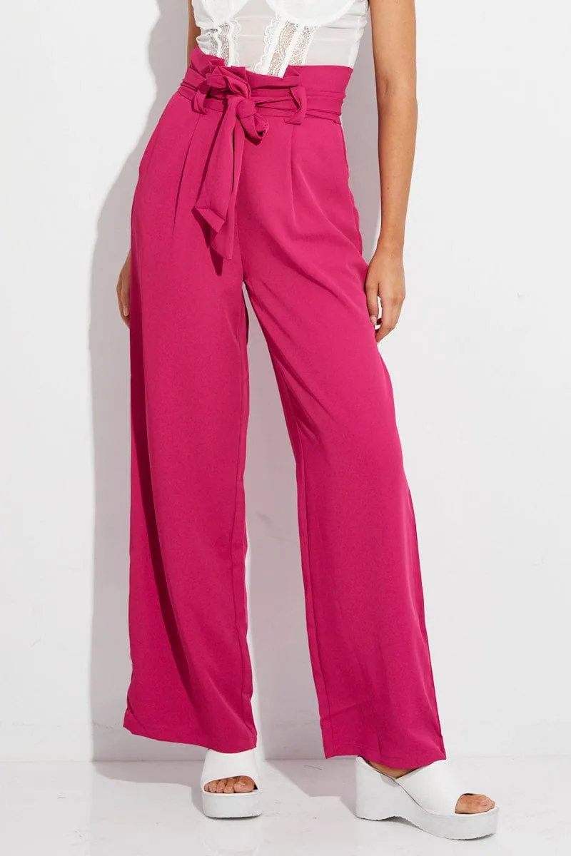 Pink Wide Leg Pants High Rise Paperbag
